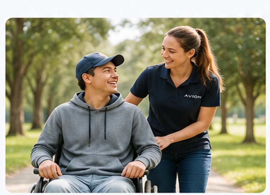 Avion support worker encouraging a participant outdoors